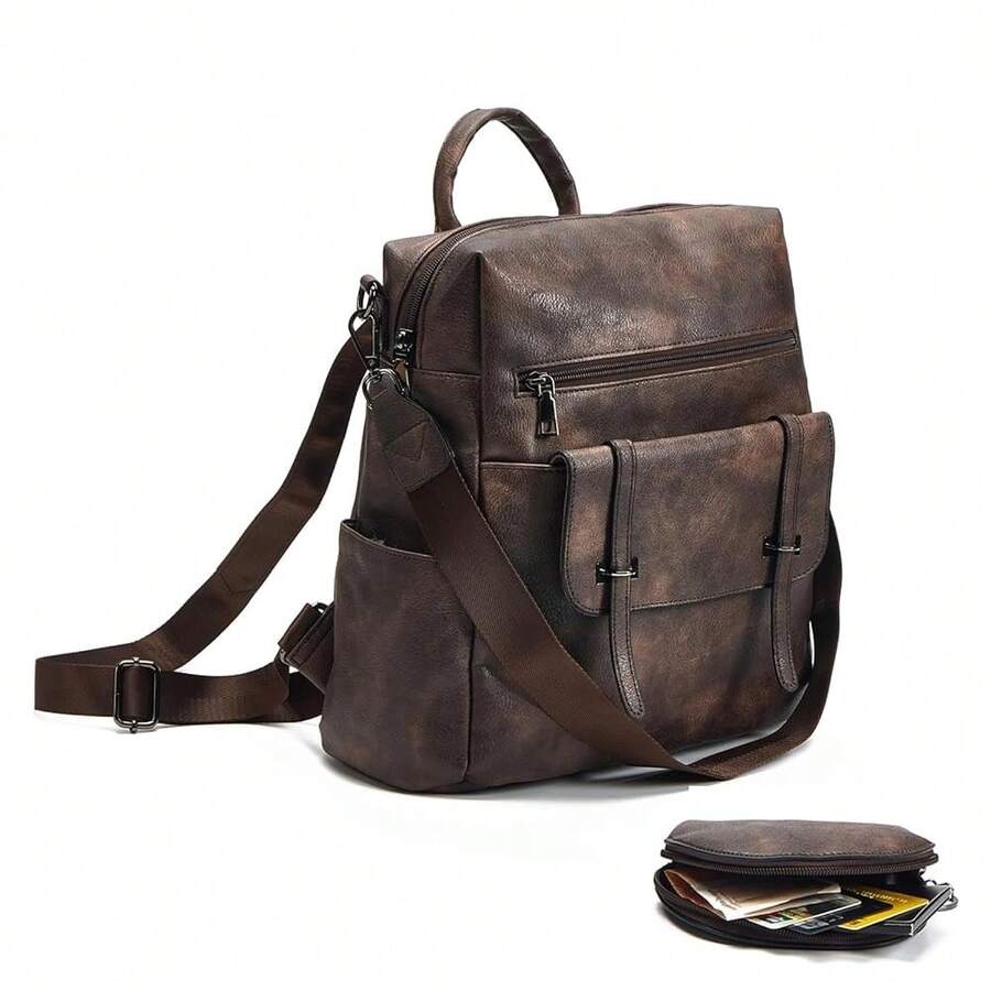 Laptop Backpack 15.6 - Women Fashion Vintage Brown PU Leather